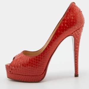 Christian Louboutin Orange Python Leather Altadama Peep Toe Platform Pumps Size 37