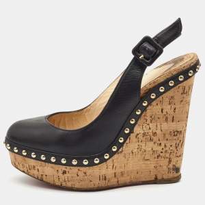 Pre Owned Christian Louboutin Black Leather Cork Wedge Pumps Size 36