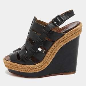 Christian Louboutin Black Leather Barcelona Wedge Sandals Size 36