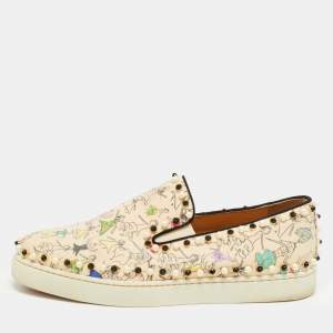 Pre Owned Christian Louboutin Beige Printed Fabric Studded Boat Sneakers Size 39