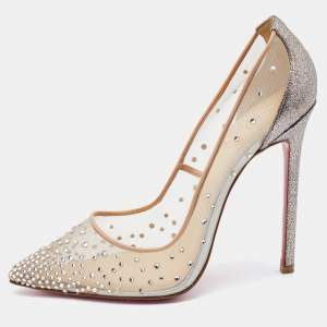 Christian Louboutin Beige/Silver Mesh and Leather Follies Strass Pumps Size 39.5