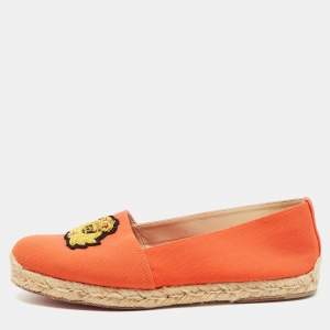 Christian Louboutin Orange Canvas Gala Embroidered Crest Espadrille Loafers Size 38