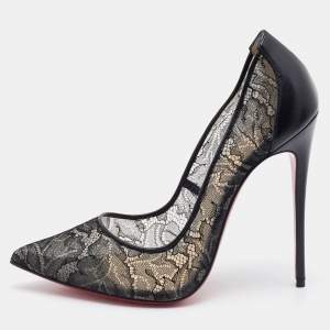Christian Louboutin Black Leather and Lace Follies Pointed Toe Pumps Size 39