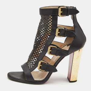 Christian Louboutin Black Perforated Leather Fencing Strappy Sandals Size 39.5