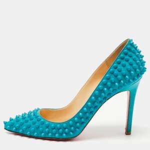 Pre Owned Christian Louboutin Blue Leather Pigalle Spikes Pumps Size 37.5