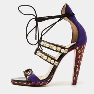 Christian Louboutin Black/Purple Leather and Suede Studded Ankle Tie Sandals Size 40