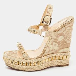 Christian Louboutin Beige Leather Studded Pyraclou Espadrille Platform Wedge Sandals Size 38