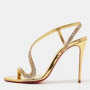 Christian Louboutin Gold Suede Crystal Embellished Rosalie Sandals Size 38