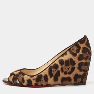 Pre Owned Christian Louboutin Brown Calf Hair Wedge Pumps Size 37
