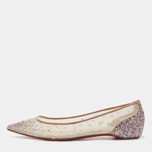 Pre Owned Christian Louboutin Metallic Glitter and Leather Follies Strass Ballet Flats Size 36.5
