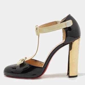 Christian Louboutin Black/Off White Patent Leather T Strap Pumps Size 40.5