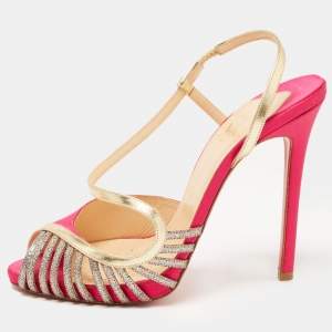 Christian Louboutin Pink/Gold Satin, Leather and Glitter Strappy Sandals Size 39