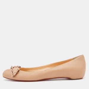 Pre Owned Christian Louboutin Beige Leather Spiked Bow Ballet Flats Size 40