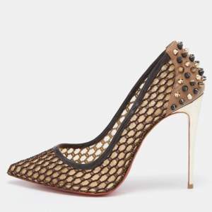 Pre Owned Christian Louboutin Brown/Black Leather and Mesh Pointed Toe Pumps Size 38.5