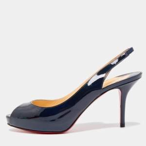Christian Louboutin Navy Blue Patent Leather Private Number Peep Toe Slingback Sandals Size 37