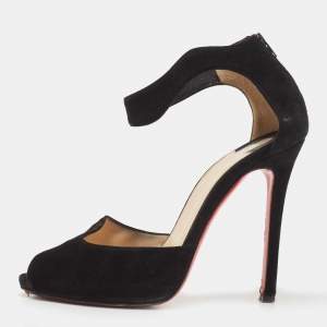 Christian Louboutin Black Suede Peep Toe Ankle Strap Sandals Size 36