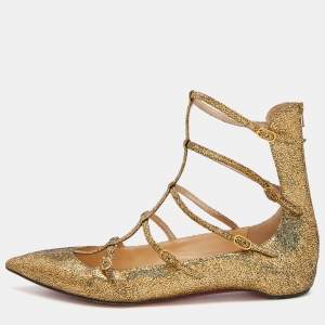 Pre Owned Christian Louboutin Gold Glitter Leather Toerless Muse Cage Ballet Flats Size 39
