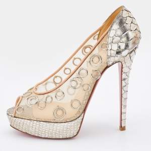 Christian Louboutin Python and Mesh Rings Pierce 140 Peep Toe Platform Pumps Size 38