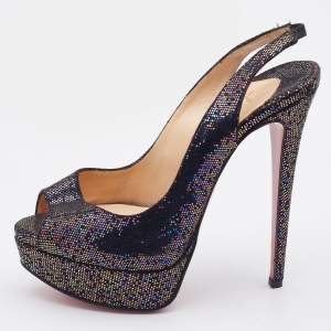 Christian Louboutin Multicolor Glitter Fabric Lady Peep-Toe Platform Slingback Sandals Size 36