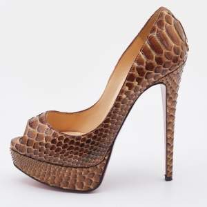 مملوكة مسبقًا Christian Louboutin Brown Python Lady Peep Platform Pumps Size 36.5