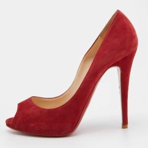 Pre Owned Christian Louboutin Red Suede Hyper Prive Peep Toe Platform Pumps Size 38.5