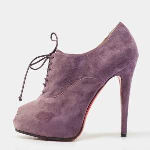 Christian Louboutin Purple Suede Peep Toe Lace Up Booties Size 35.5