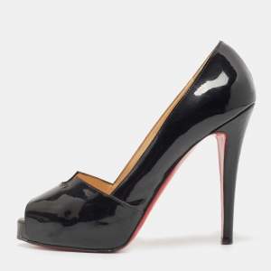 Pre Owned Christian Louboutin Black Patent Leather Peep Toe Pumps Size 38.5
