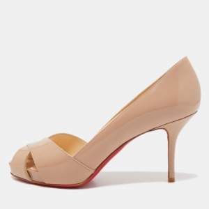 Christian Louboutin Beige Patent Leather Shelley Peep Toe Pumps Size 37.5