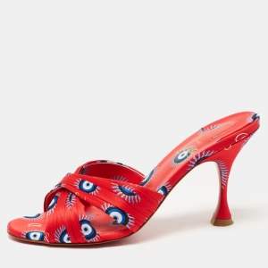 Christian Louboutin Red Printed Satin Criss Cross Slide Sandals Size 38