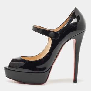 مملوكة مسبقًا Christian Louboutin Black Patent Leather Zeppa Peep Toe Pumps Size 39