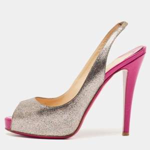 Christian Louboutin Silver/Pink Glitter No Prive Peep Toe Slingback Sandals Size 38.5