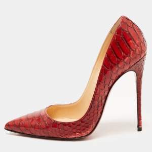 حذاء كعب عالي كريستيان لوبوتان سو كيت جلد ثعبان أحمر مقدمة مدببة مقاس 36.5
