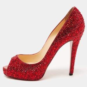 Pre Owned Christian Louboutin Red Leather Strass Very Prive Pumps Size 37.5 