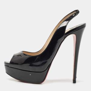 Pre Owned Christian Louboutin Black Patent Lady Peep Slingback Pumps Size 38.5