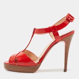 Christian Louboutin Red Patent Leather T-Bar Platform Ankle Strap Sandals Size 37.5