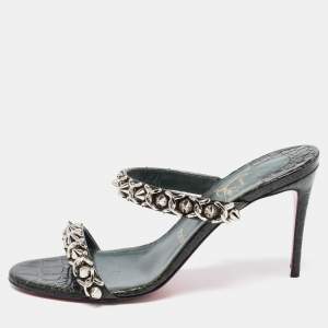 Pre Owned Christian Louboutin Dark Green Croc Embossed Leather Just Chain Slide Sandals Size 38.5