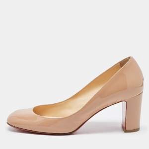 Christian Louboutin Beige Patent Leather Block Heel Pumps Size 38.5
