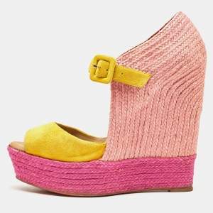 Christian Louboutin Yellow/Pink Suede Praia Wedge Sandals Size 40