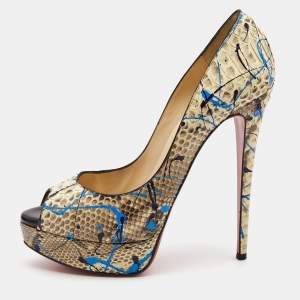 Christian Louboutin Two Tone Python Graffiti Print Lady Peep Pumps Size 40