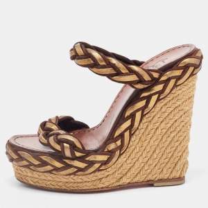 Christian Louboutin Brown/Gold Braided Leather and Suede Espadrille Wedge Sandals Size 35