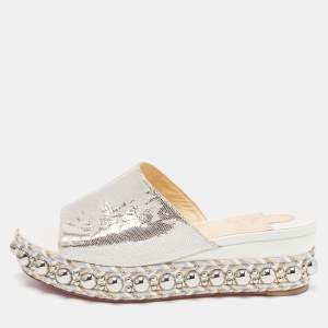 Pre Owned Christian Louboutin Silver Textured Suede Studded Platform Wedge Sandals Size 38
