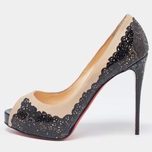 Christian Louboutin Two Tone Laser Cut Patent and Leather Veramucha Peep Toe Pumps Size 39