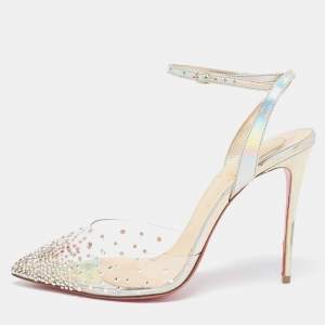 Christian Louboutin Silver Leather Spikaqueen Ankle Strap Sandals Size 38.5