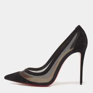 Pre Owned Christian Louboutin Black Mesh And Suede Galativi Pointed Toe Pumps Size 40.5
