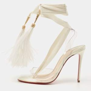 Christian Louboutin White Satin and PVC Marie Edwina Ankle Wrap Sandals Size 36