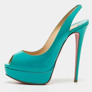 Christian Louboutin Turquoise Patent Leather Lady Peep Sling Pumps Size 39.5 