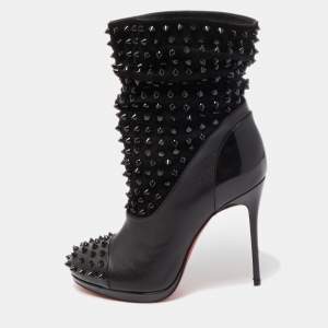 Christian Louboutin Black Patent Leather and Suede Spike Wars Ankle Boots Size 36