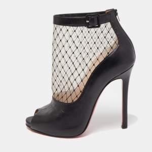 Christian Louboutin Black/Beige Mesh and Leather Ankle Boots Size 36 