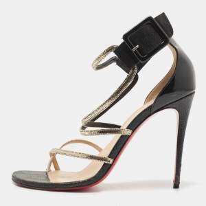Christian Louboutin Black/Gold Leather and Suede Ankle Strap Sandals Size 38
