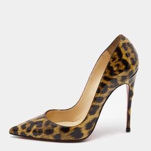 Christian Louboutin Brown/Beige Leopard Print Patent Leather So Kate Pumps Size 38